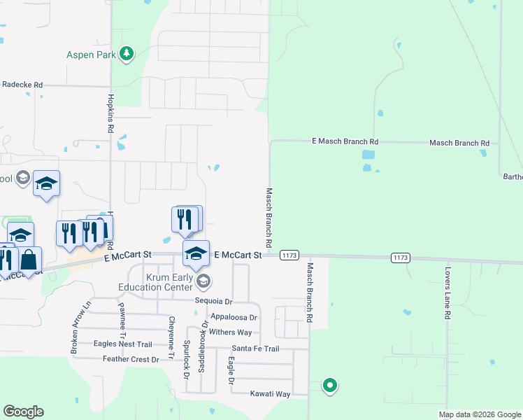 map of restaurants, bars, coffee shops, grocery stores, and more near 5301 Masch Branch Road in Krum