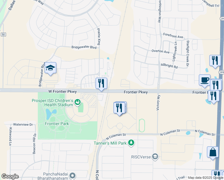 map of restaurants, bars, coffee shops, grocery stores, and more near 3000 Frontier Parkway in Prosper