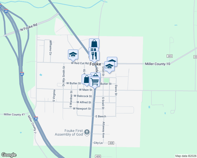 map of restaurants, bars, coffee shops, grocery stores, and more near 206 U.S. 71 in Fouke