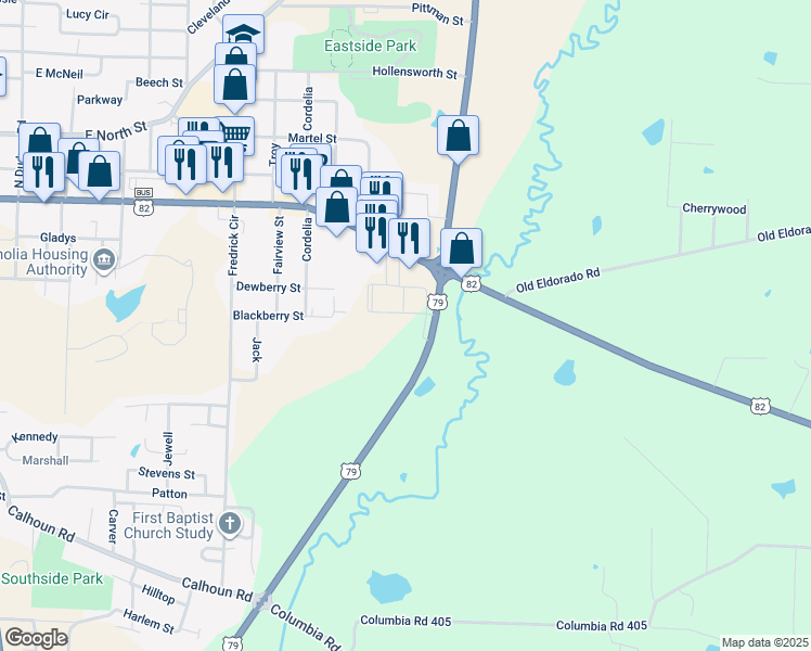map of restaurants, bars, coffee shops, grocery stores, and more near 1629 East Main Street in Magnolia