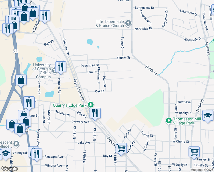 map of restaurants, bars, coffee shops, grocery stores, and more near 223 Willow Street in Griffin