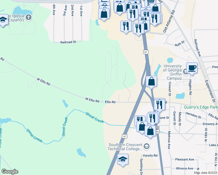 map of restaurants, bars, coffee shops, grocery stores, and more near 106 Shandon Lane in Griffin