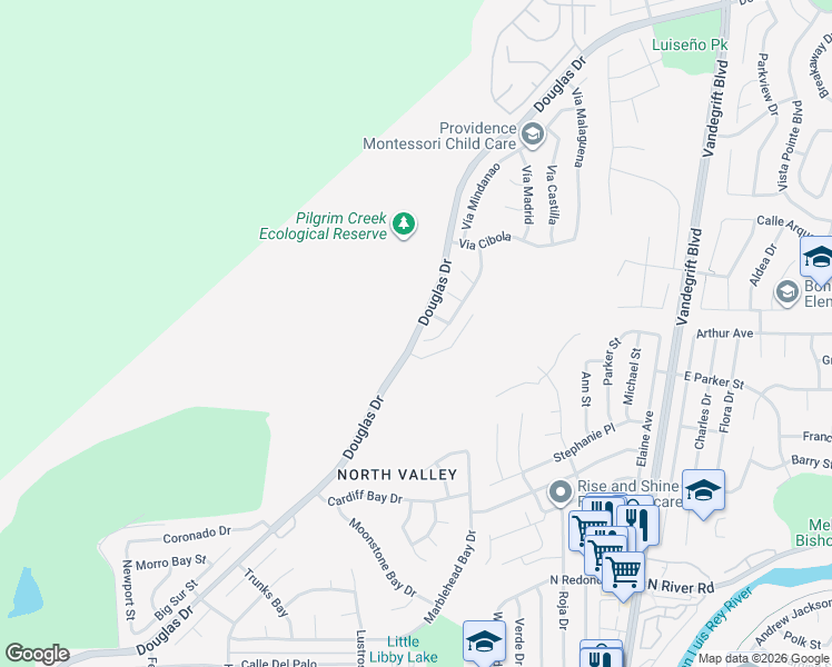 map of restaurants, bars, coffee shops, grocery stores, and more near 4575 Douglas Drive in Oceanside