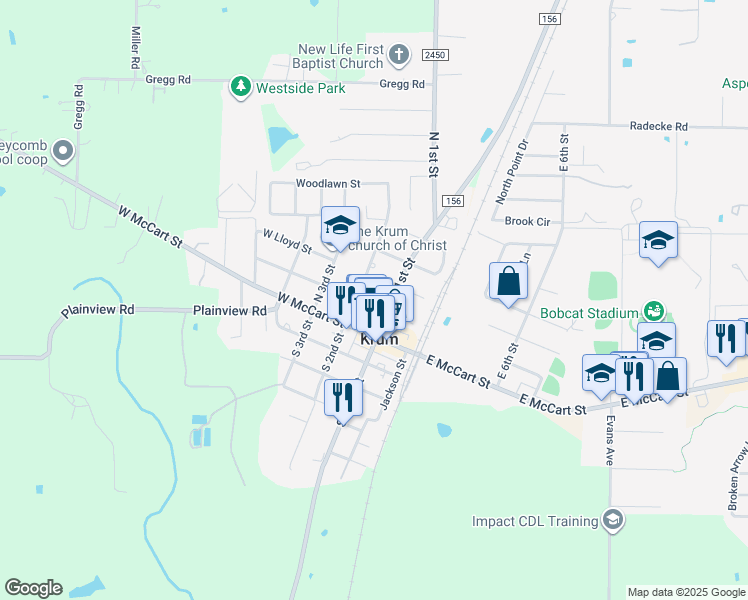 map of restaurants, bars, coffee shops, grocery stores, and more near 116 North 2nd Street in Krum