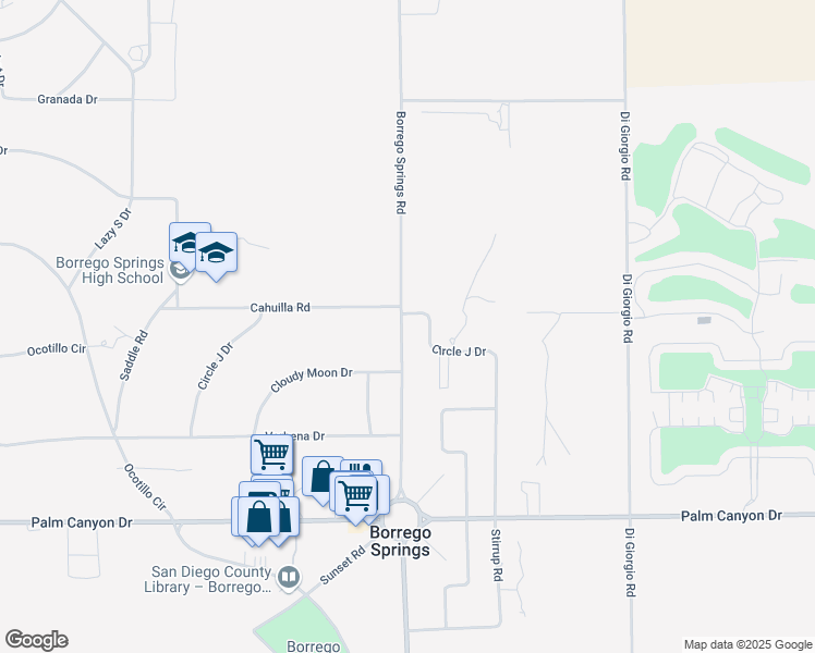 map of restaurants, bars, coffee shops, grocery stores, and more near Circle J Drive in Borrego Springs