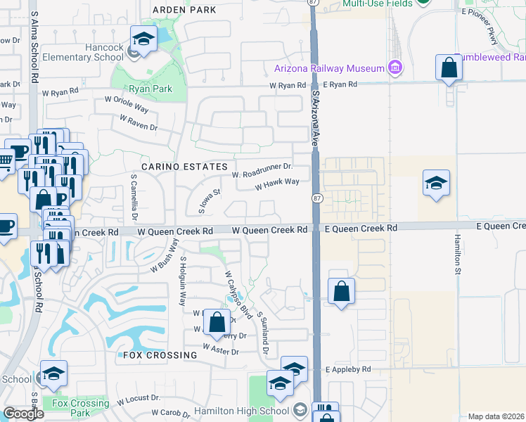 map of restaurants, bars, coffee shops, grocery stores, and more near 250 West Queen Creek Road in Chandler