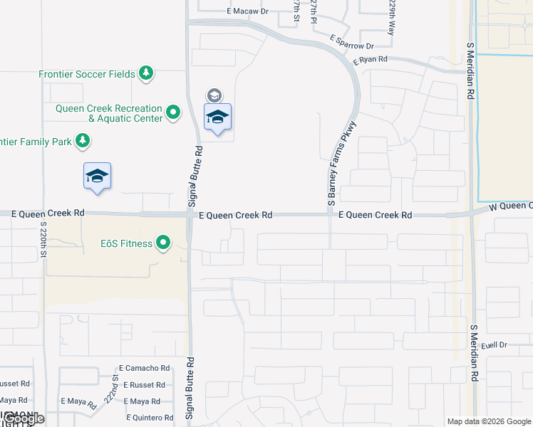 map of restaurants, bars, coffee shops, grocery stores, and more near 22641 Queen Creek Road in Queen Creek