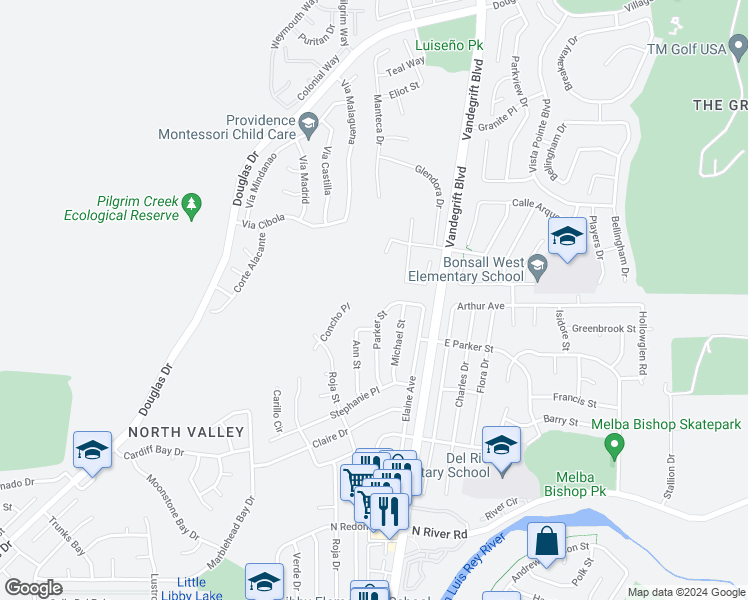 map of restaurants, bars, coffee shops, grocery stores, and more near 671 Parker Street in Oceanside