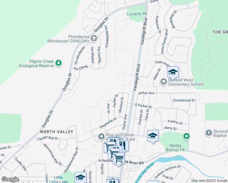 map of restaurants, bars, coffee shops, grocery stores, and more near 671 Parker Street in Oceanside