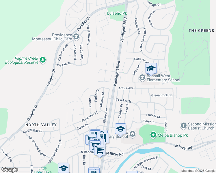 map of restaurants, bars, coffee shops, grocery stores, and more near 664 Elaine Avenue in Oceanside