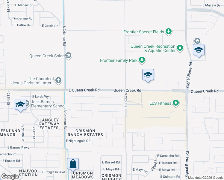 map of restaurants, bars, coffee shops, grocery stores, and more near Queen Creek Road in Queen Creek