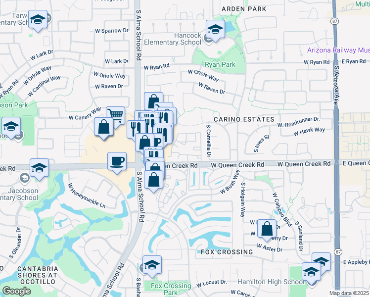 map of restaurants, bars, coffee shops, grocery stores, and more near 800 West Queen Creek Road in Chandler