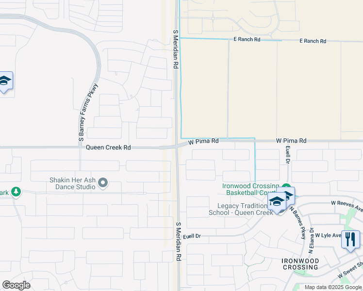 map of restaurants, bars, coffee shops, grocery stores, and more near 23199 East Queen Creek Road in Queen Creek
