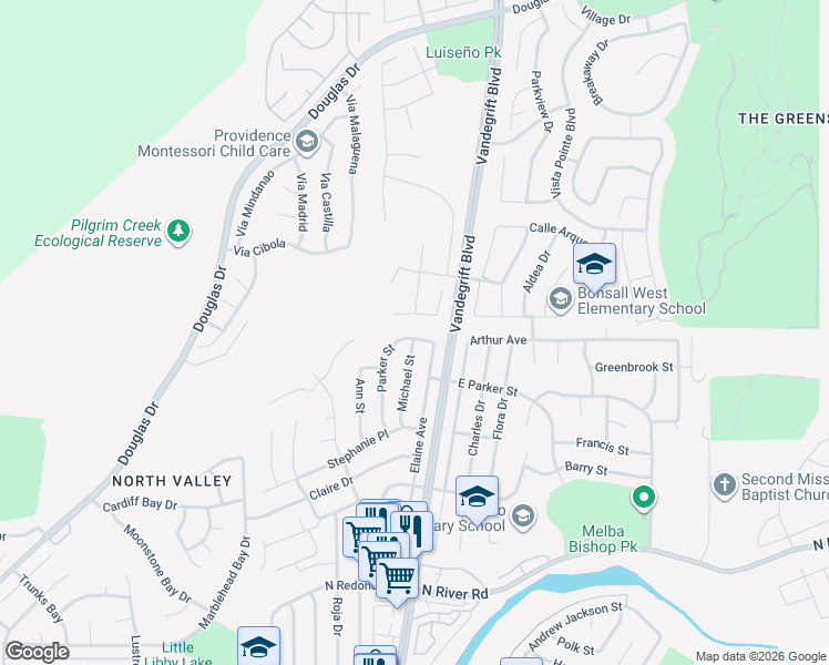 map of restaurants, bars, coffee shops, grocery stores, and more near 675 Parker Street in Oceanside