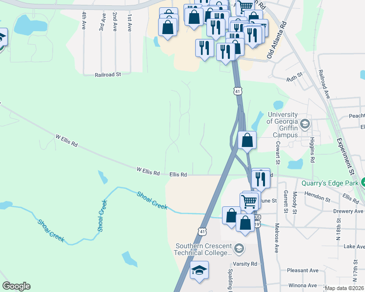 map of restaurants, bars, coffee shops, grocery stores, and more near 108 Shandon Lane in Griffin
