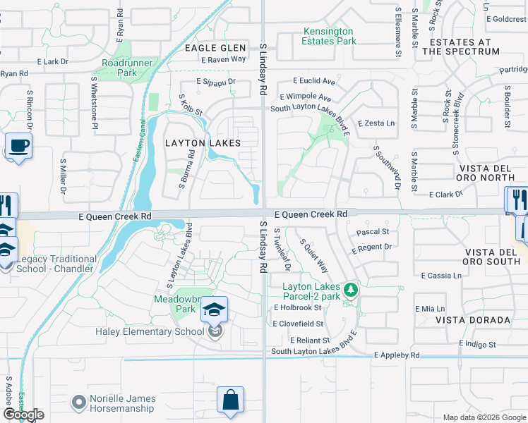 map of restaurants, bars, coffee shops, grocery stores, and more near E Queen Creek Rd & S Lindsay Rd in Gilbert