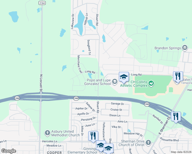 map of restaurants, bars, coffee shops, grocery stores, and more near 4704 Conley Lane in Denton