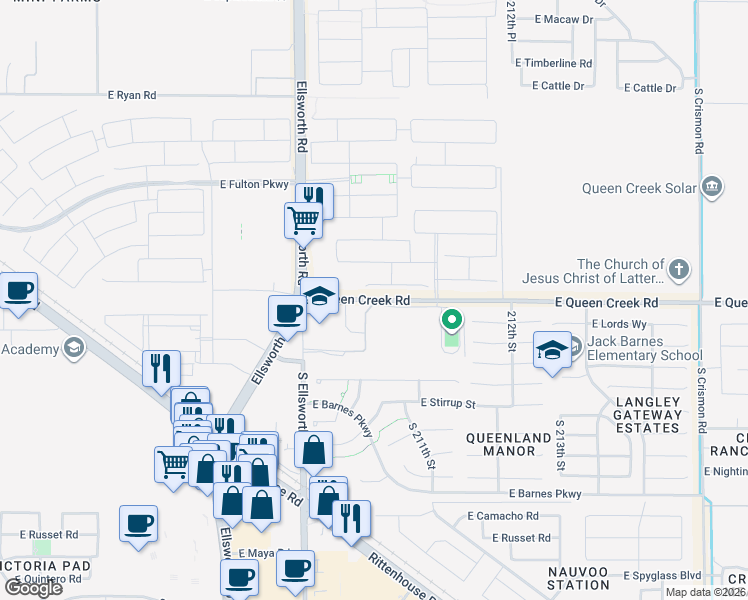 map of restaurants, bars, coffee shops, grocery stores, and more near 20882 East Queen Creek Road in Queen Creek