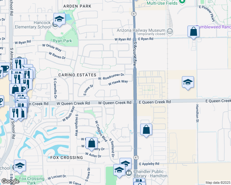 map of restaurants, bars, coffee shops, grocery stores, and more near 250 West Queen Creek Road in Chandler