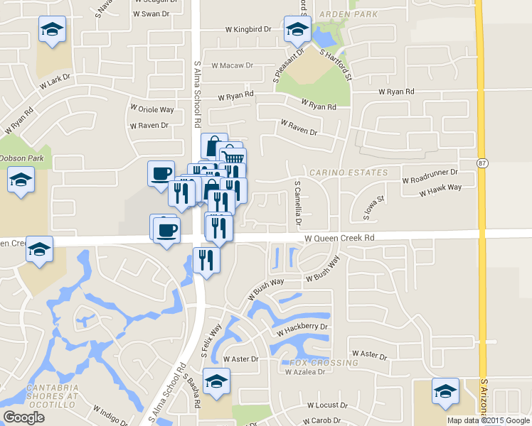 map of restaurants, bars, coffee shops, grocery stores, and more near 800 West Queen Creek Road in Chandler