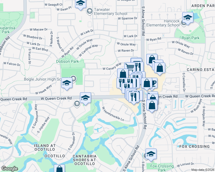 map of restaurants, bars, coffee shops, grocery stores, and more near 1361 West Bluejay Drive in Chandler