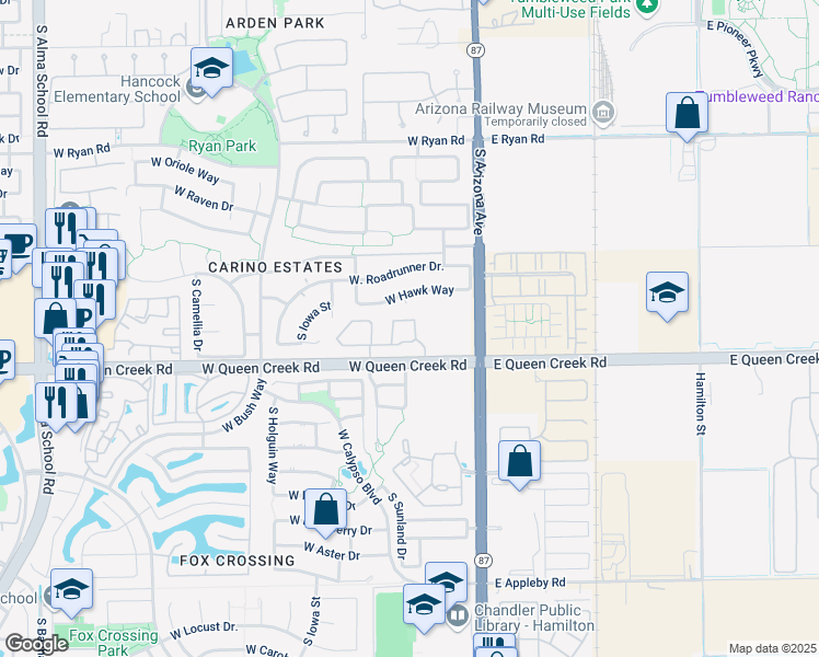 map of restaurants, bars, coffee shops, grocery stores, and more near 250 West Queen Creek Road in Chandler