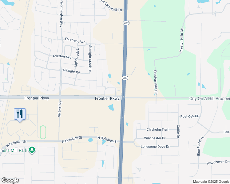 map of restaurants, bars, coffee shops, grocery stores, and more near 3720-3898 Frontier Parkway in Prosper