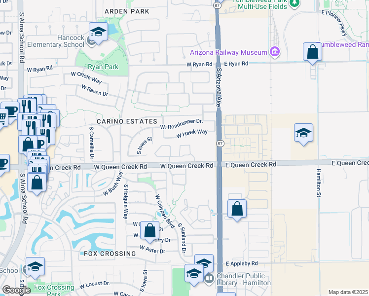 map of restaurants, bars, coffee shops, grocery stores, and more near 2880 South Sunland Court in Chandler