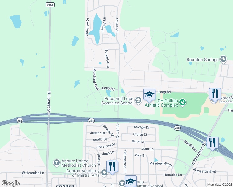 map of restaurants, bars, coffee shops, grocery stores, and more near 4714 Conley Lane in Denton