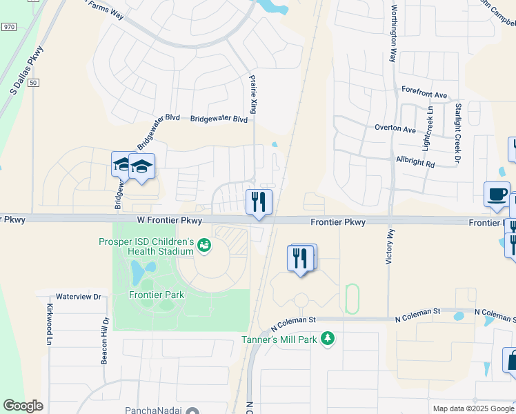 map of restaurants, bars, coffee shops, grocery stores, and more near 4400 Prairie Crossing in Prosper