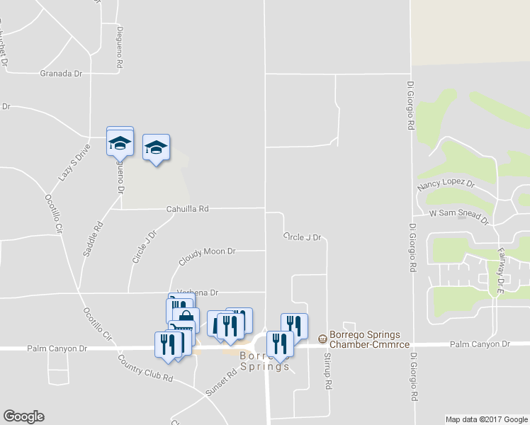 map of restaurants, bars, coffee shops, grocery stores, and more near Circle J Drive in Borrego Springs