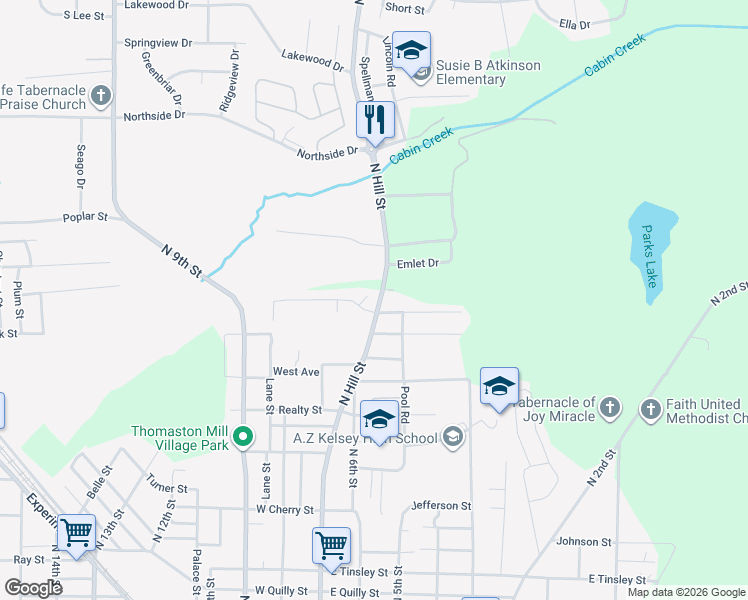 map of restaurants, bars, coffee shops, grocery stores, and more near 104 Behan Place in Griffin