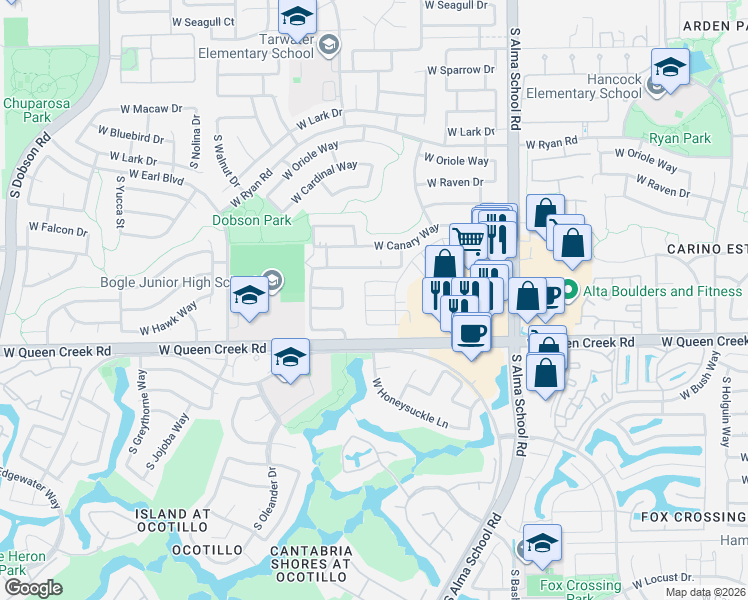 map of restaurants, bars, coffee shops, grocery stores, and more near 1343 West Roadrunner Drive in Chandler