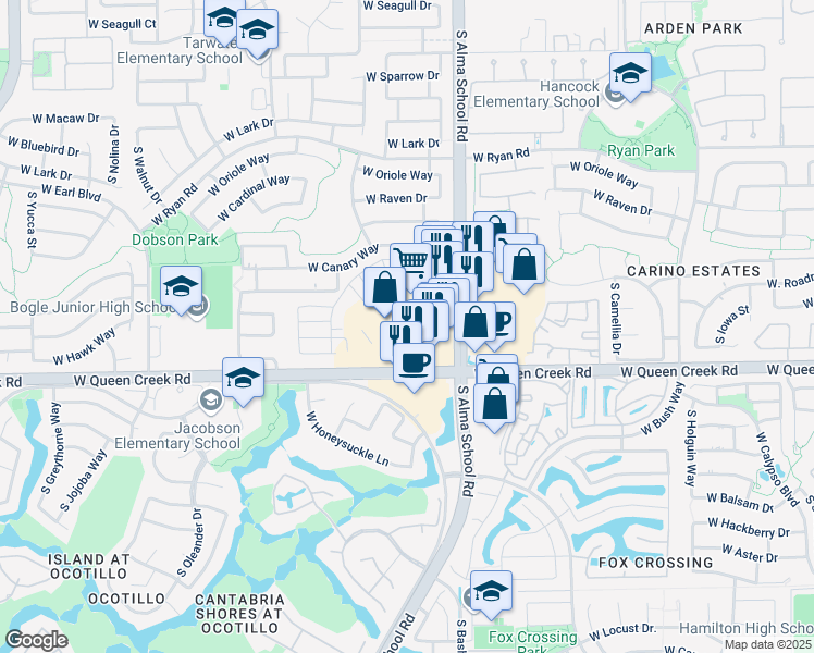 map of restaurants, bars, coffee shops, grocery stores, and more near 2850 South Alma School Road in Chandler