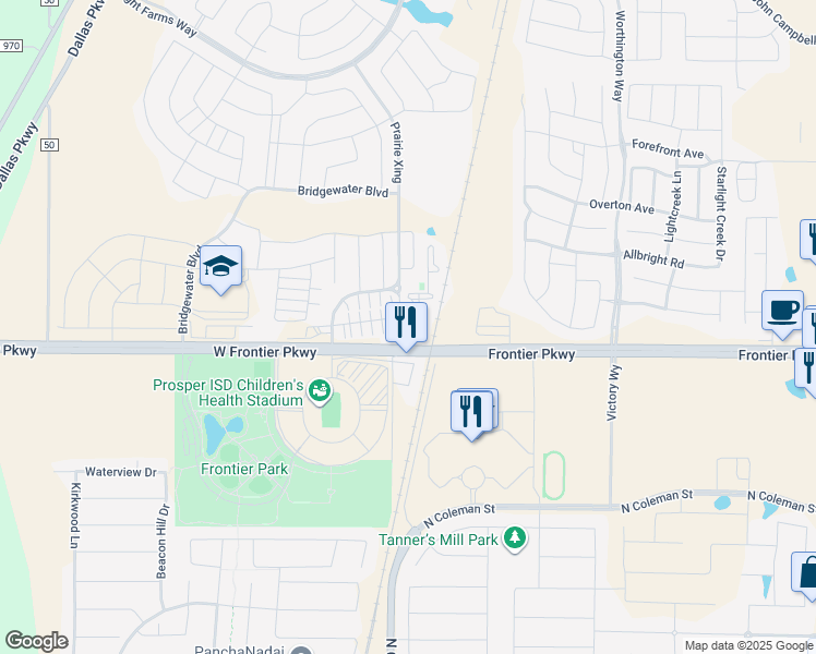 map of restaurants, bars, coffee shops, grocery stores, and more near 4520 County Road 51 in Prosper