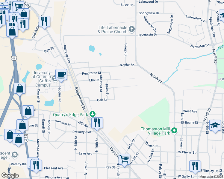 map of restaurants, bars, coffee shops, grocery stores, and more near 231 Willow Street in Griffin