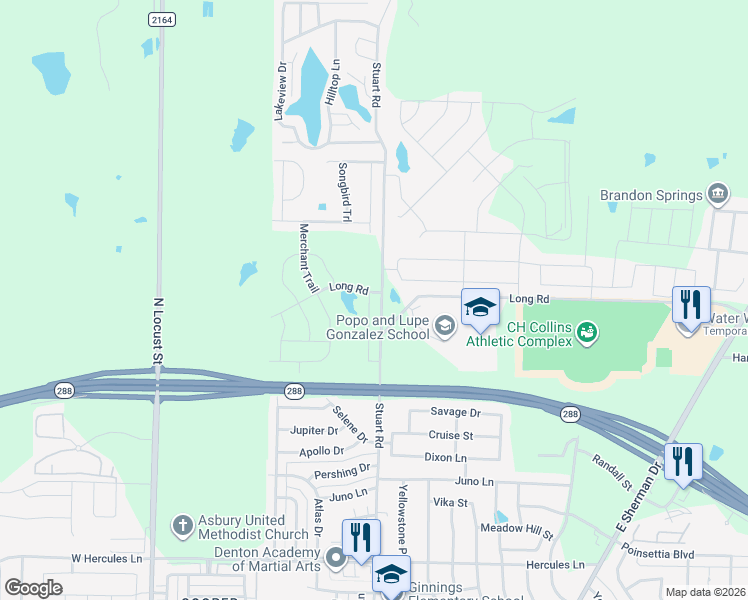 map of restaurants, bars, coffee shops, grocery stores, and more near 4714 Conley Lane in Denton