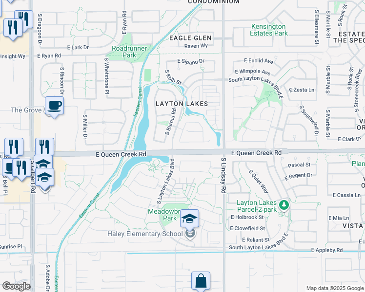 map of restaurants, bars, coffee shops, grocery stores, and more near 4748 South Riata Street in Gilbert
