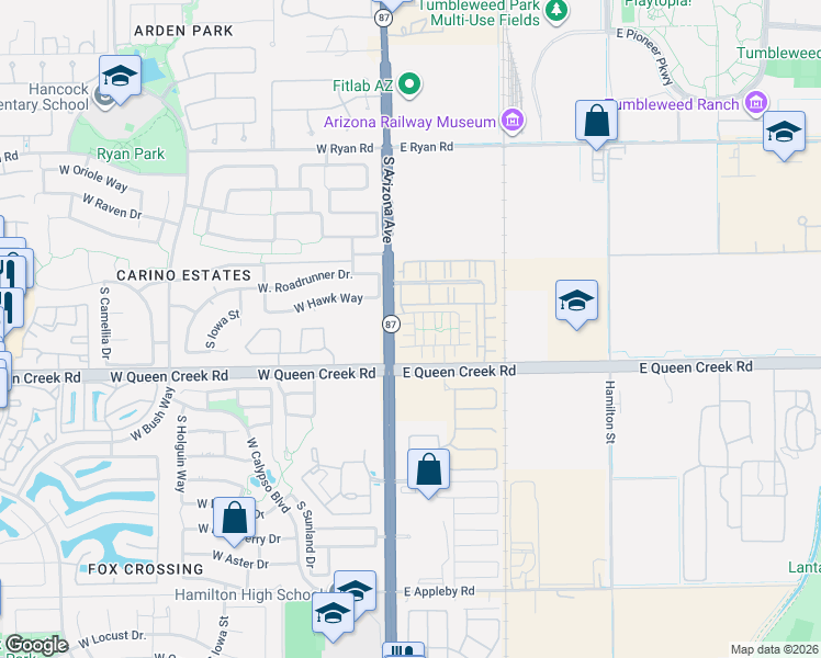 map of restaurants, bars, coffee shops, grocery stores, and more near 129 Roadrunner Drive in Chandler