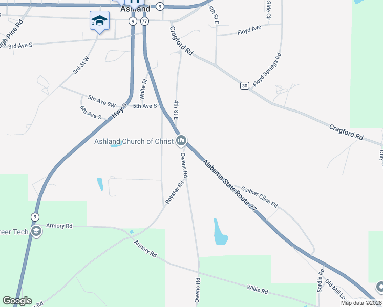 map of restaurants, bars, coffee shops, grocery stores, and more near 39749 Alabama 77 in Ashland