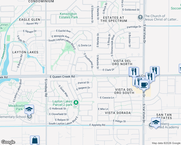 map of restaurants, bars, coffee shops, grocery stores, and more near 4749 South Watauga Drive in Gilbert