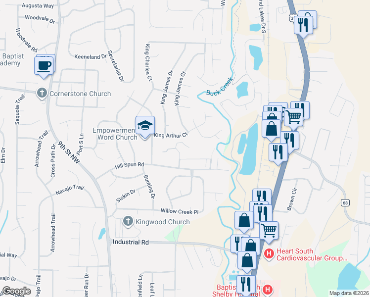 map of restaurants, bars, coffee shops, grocery stores, and more near 110 Hill Street in Alabaster