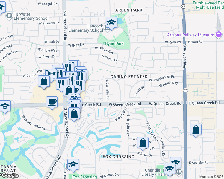 map of restaurants, bars, coffee shops, grocery stores, and more near 681 West Roadrunner Court in Chandler