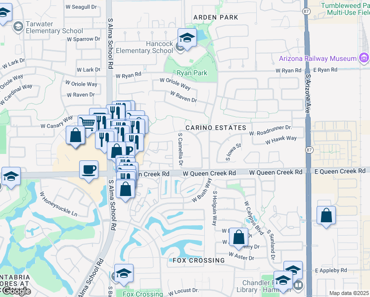 map of restaurants, bars, coffee shops, grocery stores, and more near 681 West Roadrunner Court in Chandler