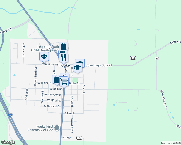 map of restaurants, bars, coffee shops, grocery stores, and more near 600-616 East Redcut Road in Fouke