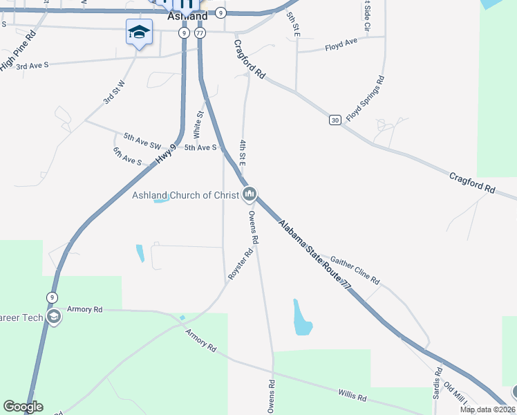 map of restaurants, bars, coffee shops, grocery stores, and more near 39749 Alabama 77 in Ashland