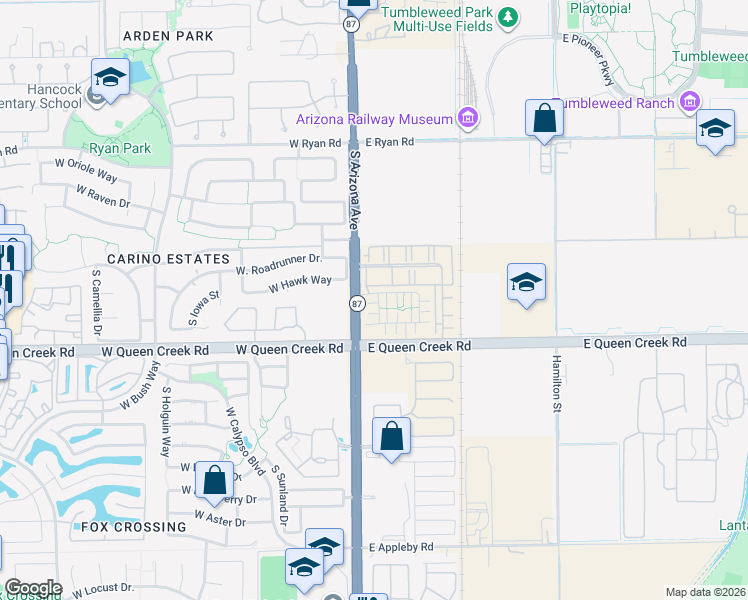map of restaurants, bars, coffee shops, grocery stores, and more near 129 Roadrunner Drive in Chandler