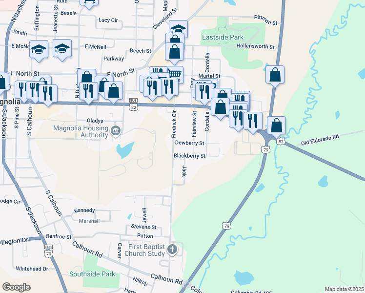 map of restaurants, bars, coffee shops, grocery stores, and more near 1321 Dewberry Street in Magnolia