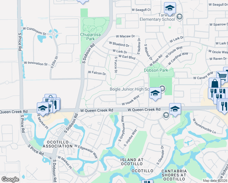 map of restaurants, bars, coffee shops, grocery stores, and more near 2852 South Yucca Street in Chandler