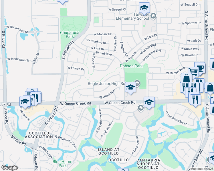 map of restaurants, bars, coffee shops, grocery stores, and more near 1784 West Canary Way in Chandler